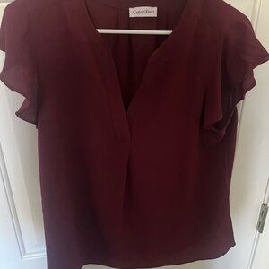 Calvin Klein Burgundy V-Neck Flutter Sleeve Top